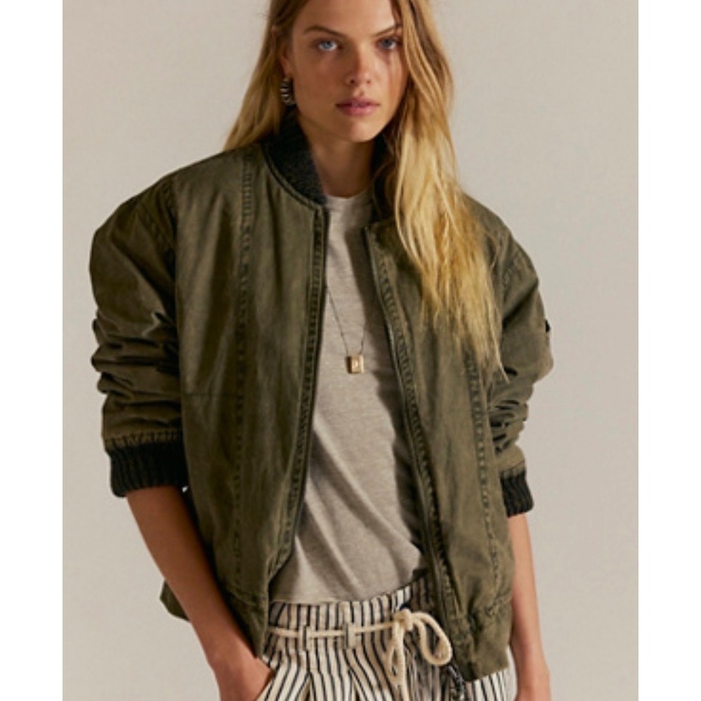 Free People We The Free Jax Bomber Jacket L Olive Green Oversized Casual NWT!